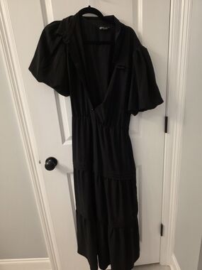 Black Puff-Sleeve Tiered Midi Dress